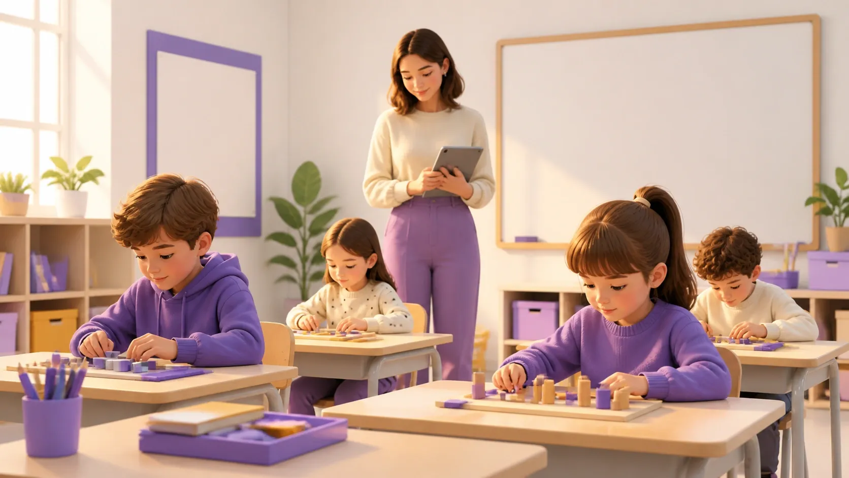Insegnante di primaria che osserva i bambini al lavoro e annota i progressi su un tablet