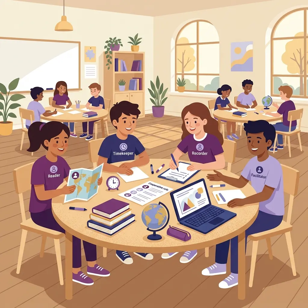 Studenti delle scuole medie italiane lavorano in gruppi di quattro su un'attività di cooperative learning con ruoli assegnati