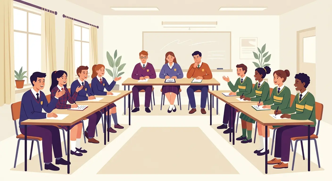 Studenti delle scuole superiori durante un debate strutturato in classe con due squadre contrapposte e una giuria di compagni