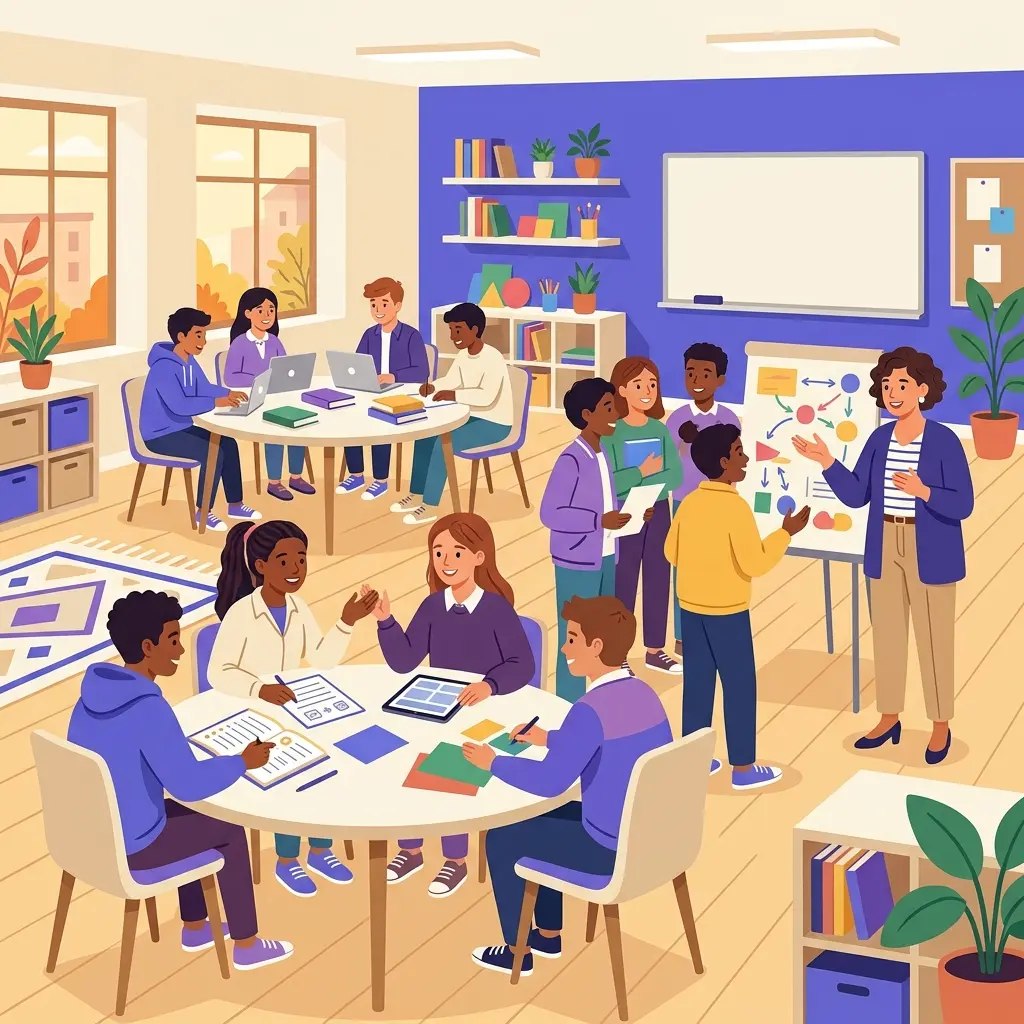 Aula scolastica moderna con studenti che lavorano in gruppo e docente che facilita una metodologia didattica innovativa
