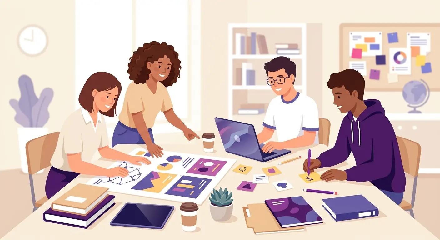 Studenti delle scuole superiori che lavorano su un progetto di project-based learning con poster, computer e materiali di ricerca sul banco