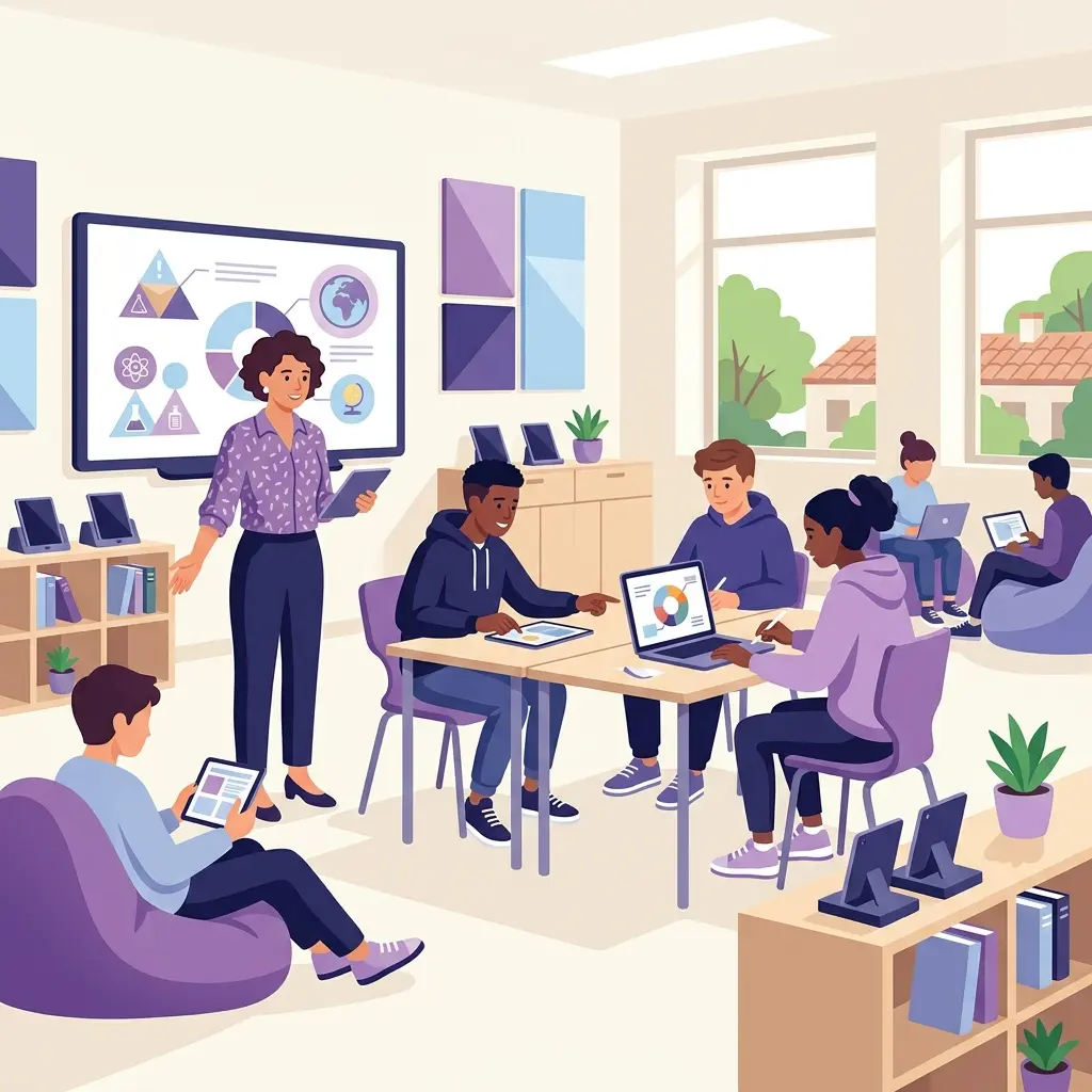 Aula con docente e studenti che usano tablet e computer integrando tecnologie digitali con metodologie didattiche innovative attive
