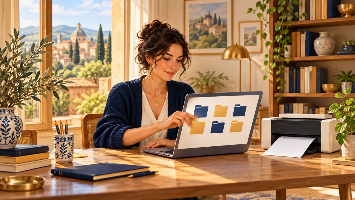 Insegnante archivia al portatile le ricevute delle lezioni private in PDF divise per famiglia