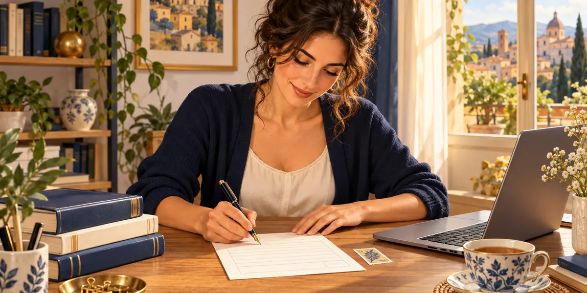 Insegnante compila con la penna stilografica una ricevuta per lezioni private con la marca da bollo sulla scrivania