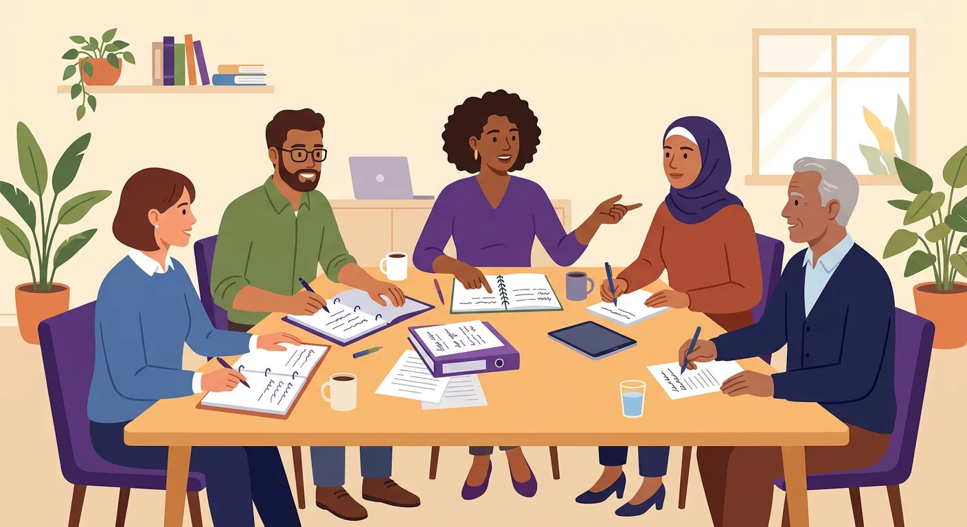 Docenti riuniti attorno a un tavolo durante un consiglio di classe che discutono il percorso degli studenti