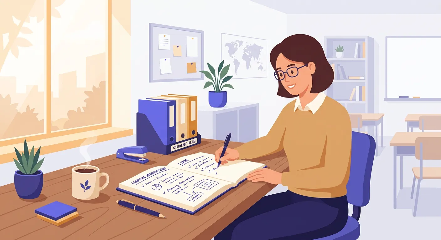 Docente che annota osservazioni didattiche su un quaderno alla scrivania con libri e appunti
