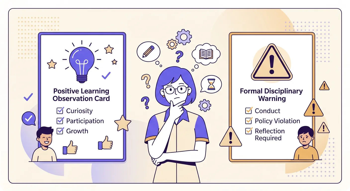 Confronto visivo tra nota didattica positiva e nota disciplinare formale con icone distinte