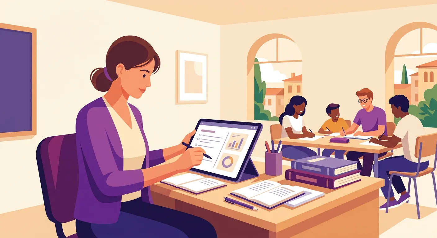 Docente che annota una nota didattica sul registro elettronico durante una lezione in classe