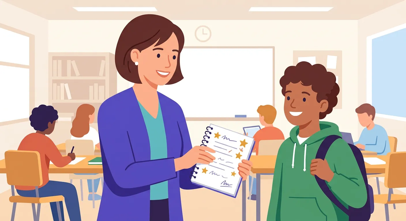 Docente che dà un feedback positivo a uno studente soddisfatto in classe con quaderno e stelle