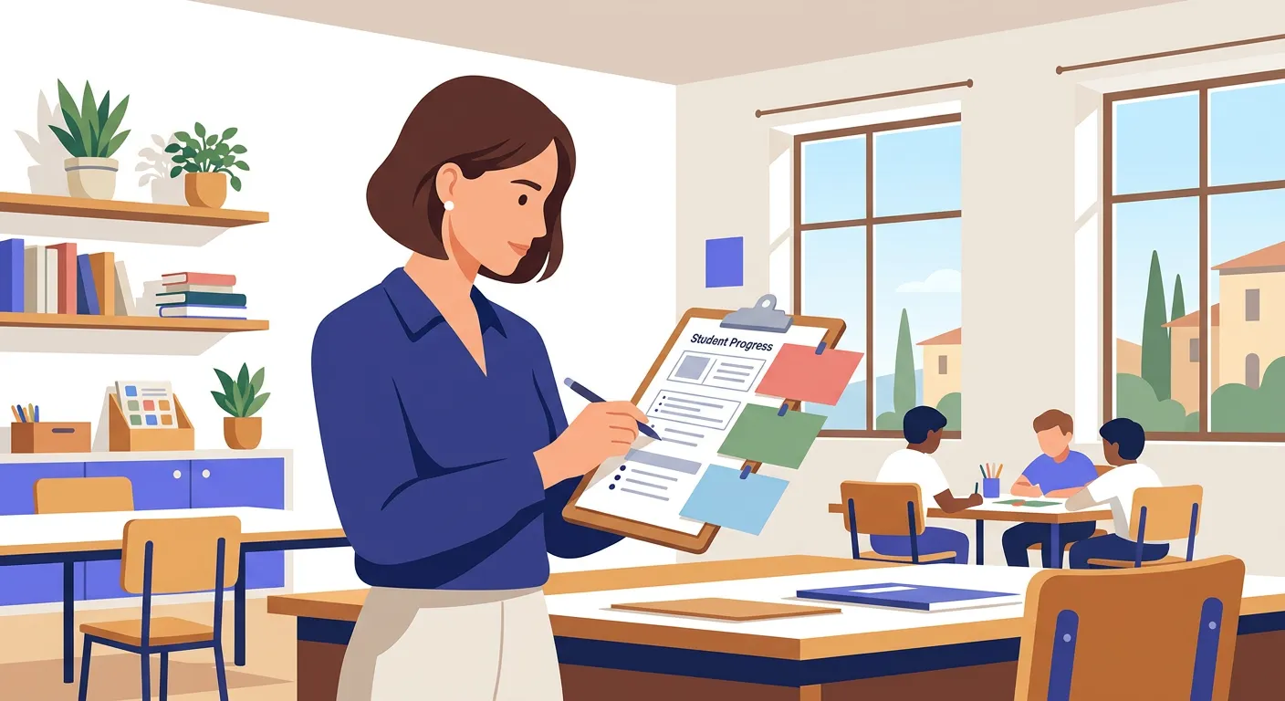 Docente che compila schede di osservazione strutturate con categorie colorate per ogni studente