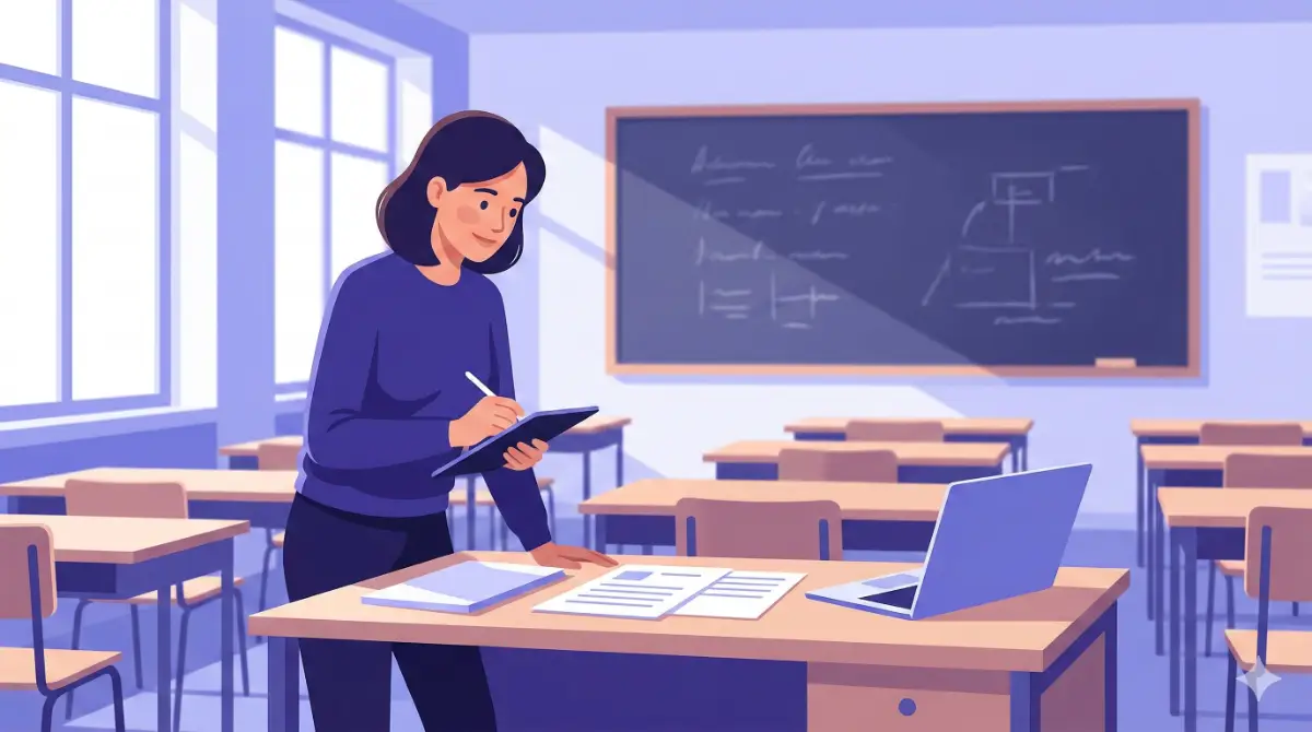 Docente che scrive una nota disciplinare sul registro elettronico in classe