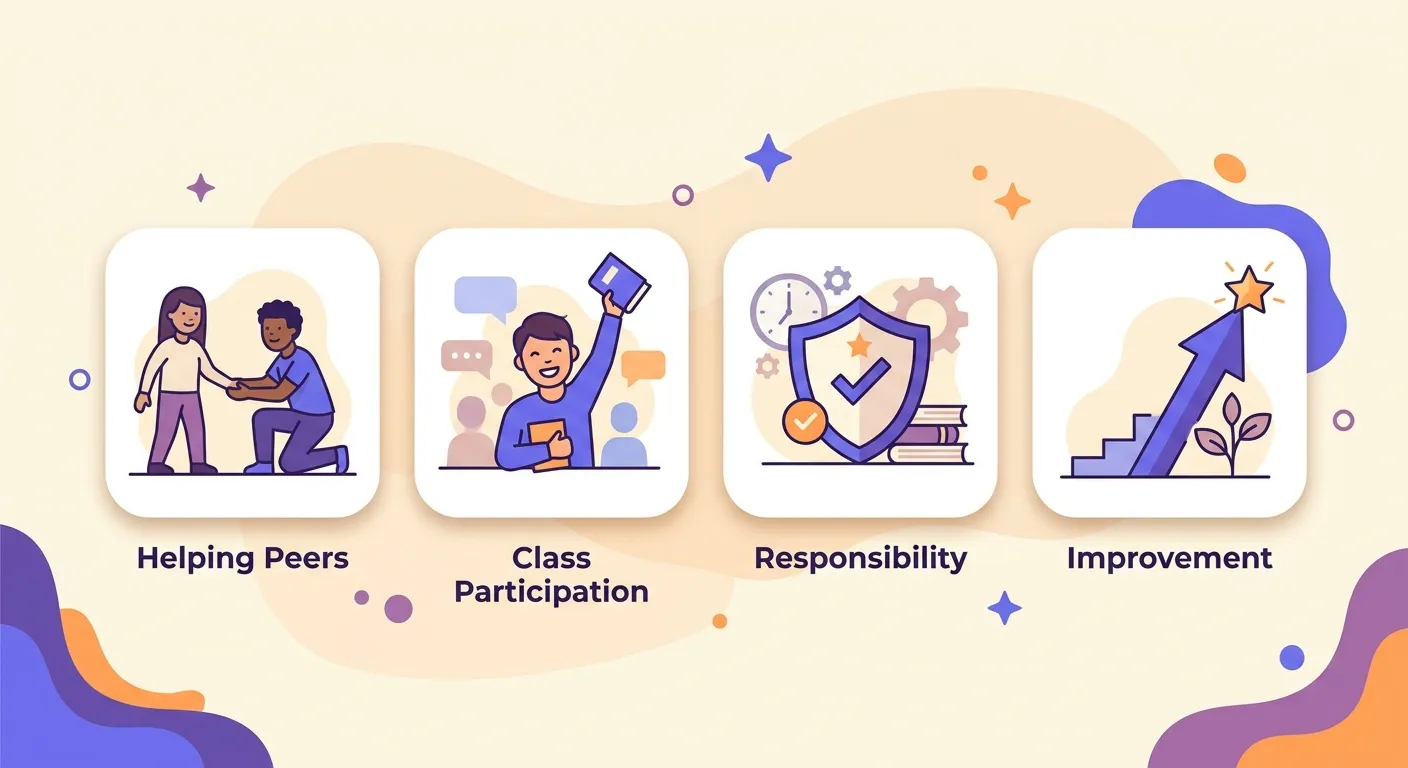 Infografica con le categorie di note di merito per aiuto compagni, partecipazione, responsabilità e impegno