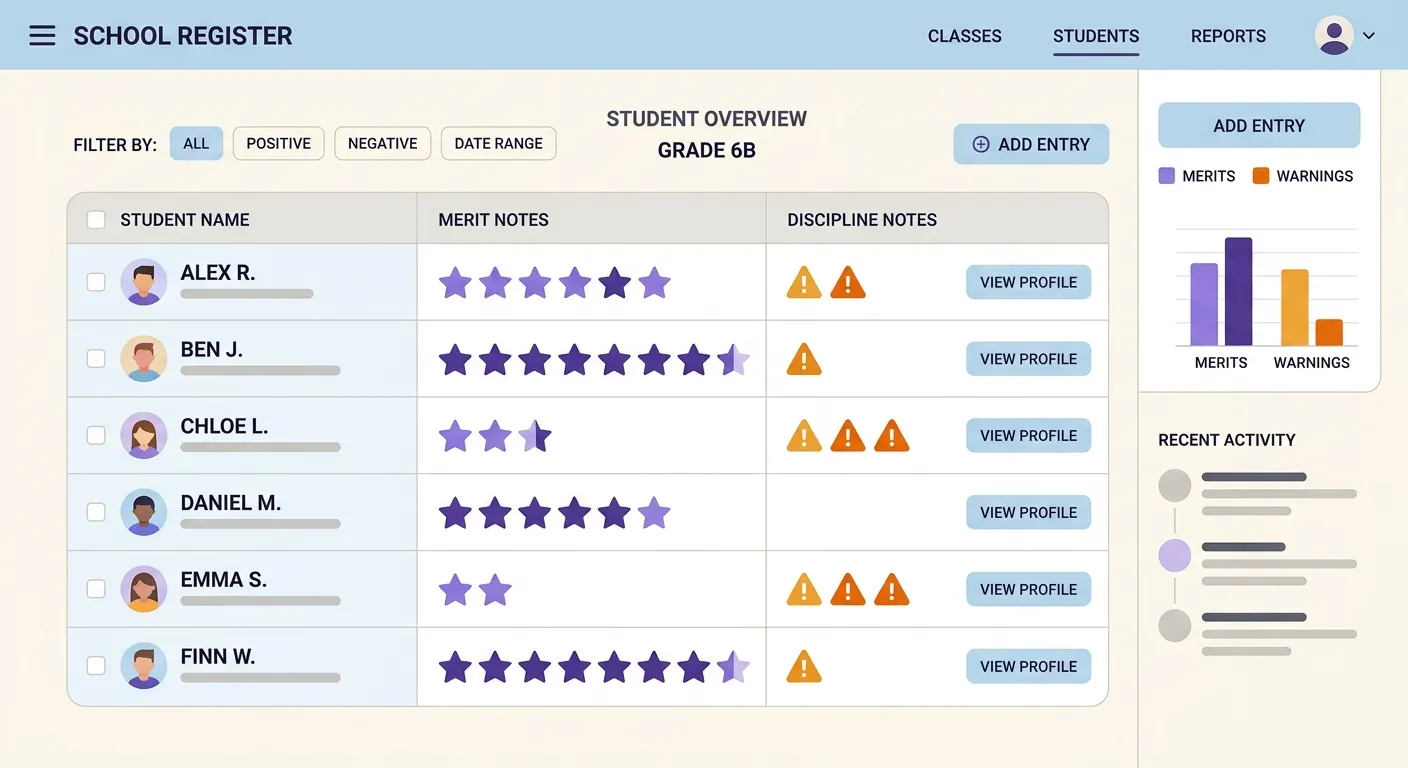 Interfaccia di un registro elettronico che mostra note di merito e note disciplinari affiancate per ogni studente