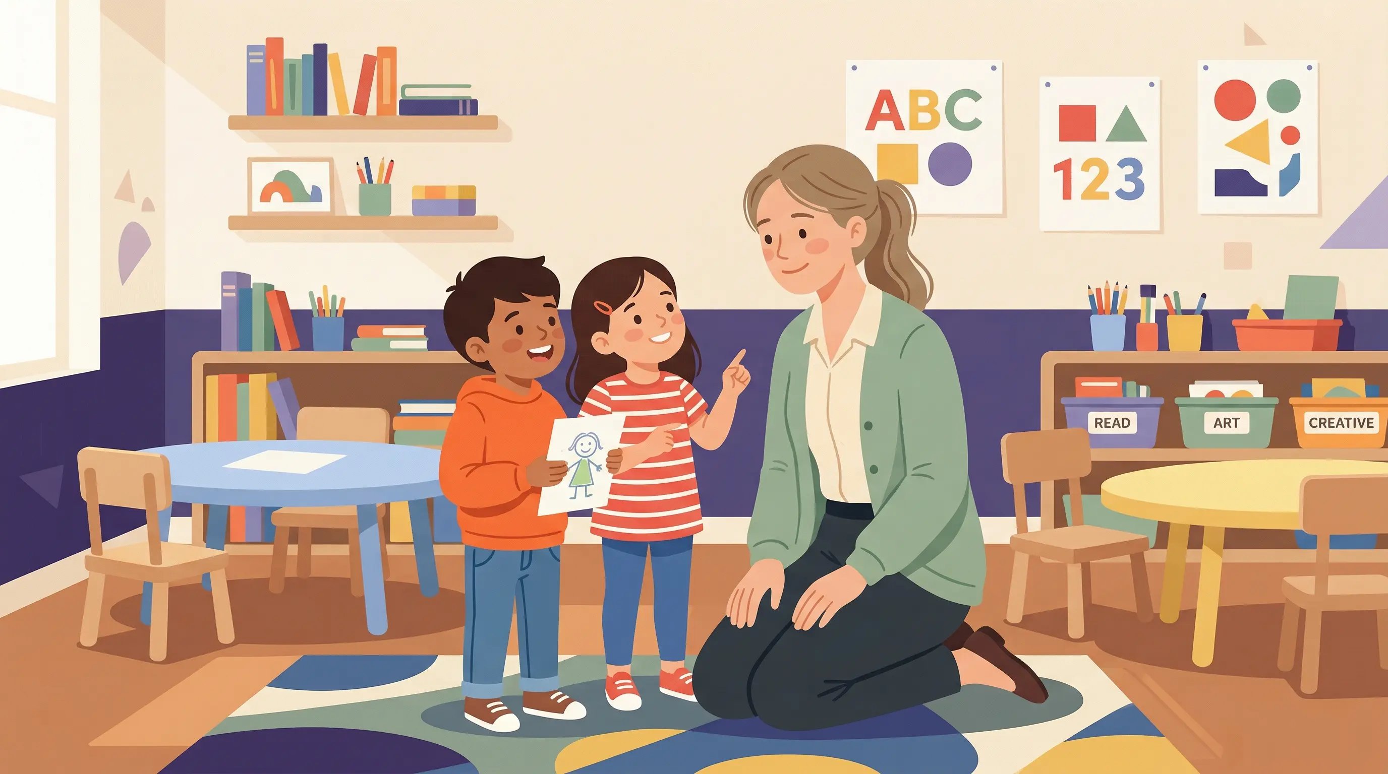 Docente di scuola primaria che gestisce il comportamento dei bambini in classe con approccio educativo