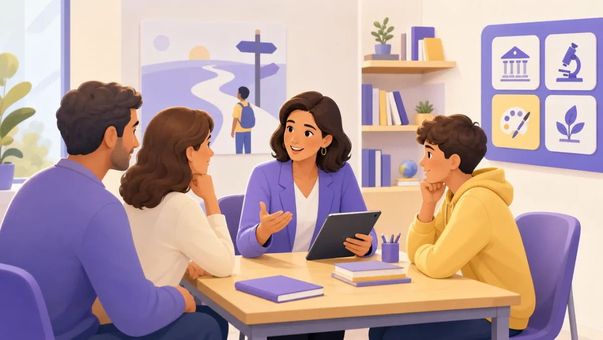 Docente tutor che dialoga con uno studente e la sua famiglia per accompagnarlo nella scelta del percorso di studi