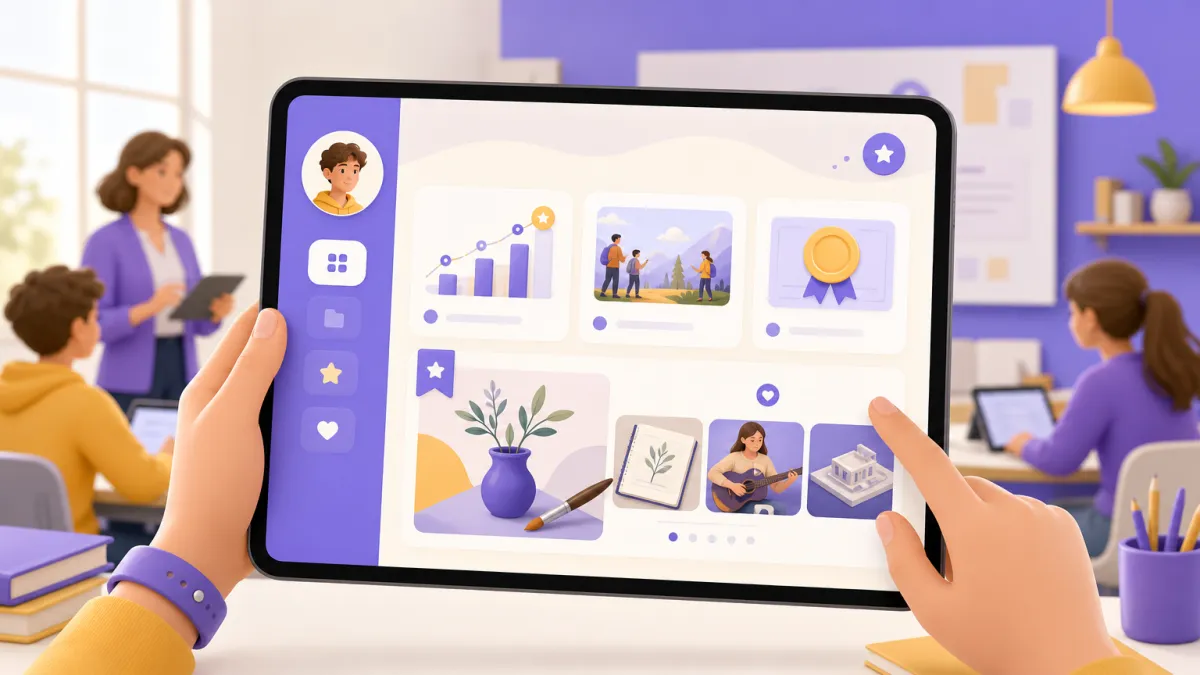 Profilo digitale e-portfolio dello studente su tablet che raccoglie progressi, esperienze e il capolavoro scelto