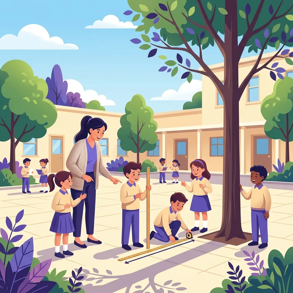Studenti italiani di scuola primaria misurano altezza di un albero in cortile durante lezione di matematica outdoor