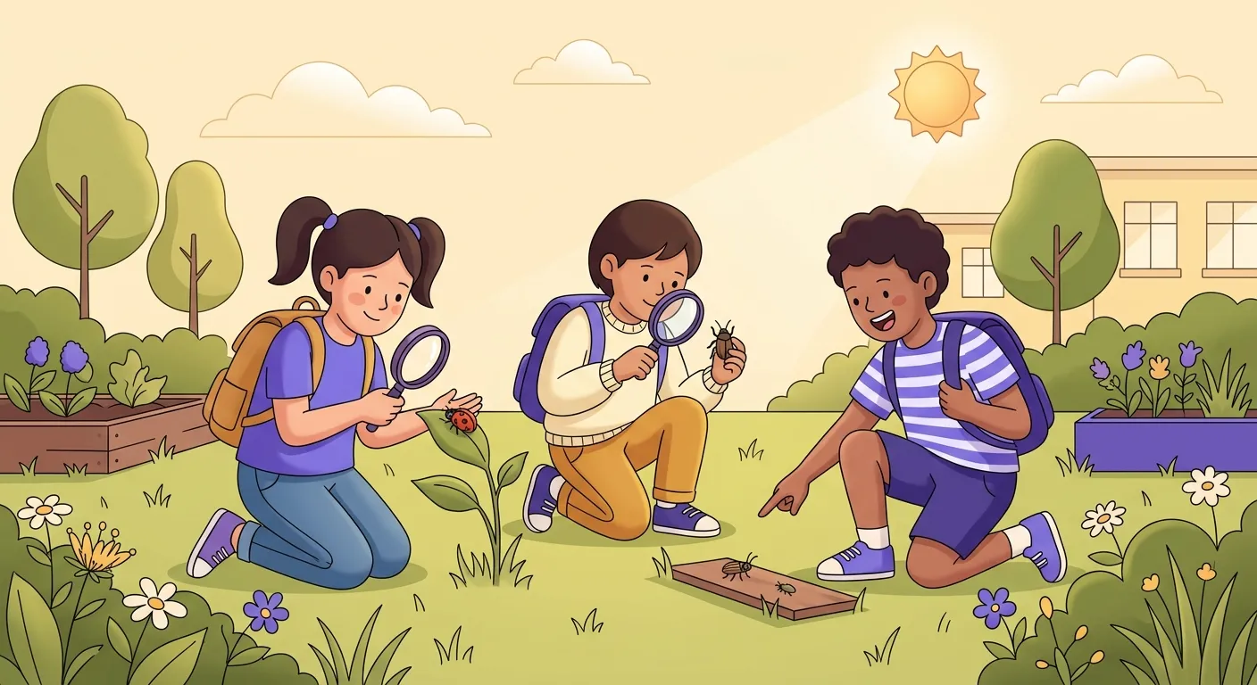 Studenti italiani di scuola primaria osservano insetti nel giardino della scuola durante outdoor education