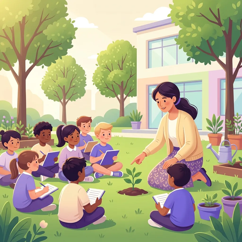 Maestra italiana conduce una lezione di outdoor education in giardino scolastico con bambini di scuola primaria