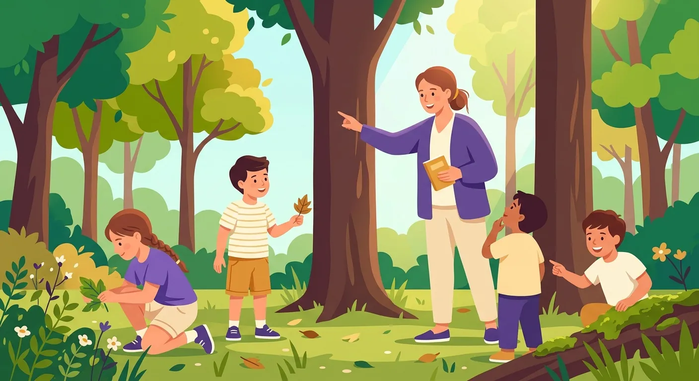 Bambini italiani esplorano un bosco con la maestra durante una lezione di outdoor education