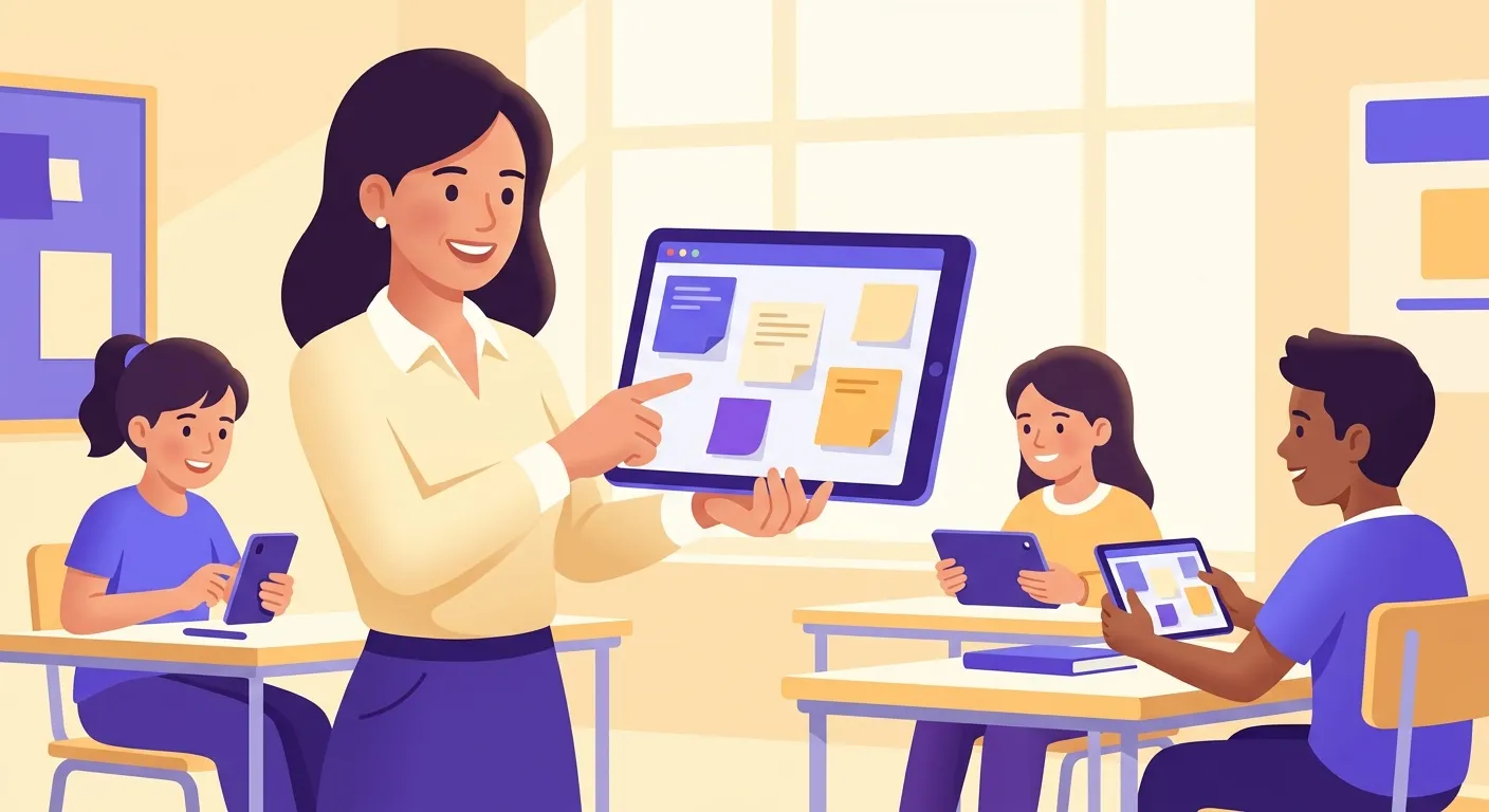 Docente italiana usa Padlet su tablet con alunni che collaborano a bacheca digitale in classe luminosa