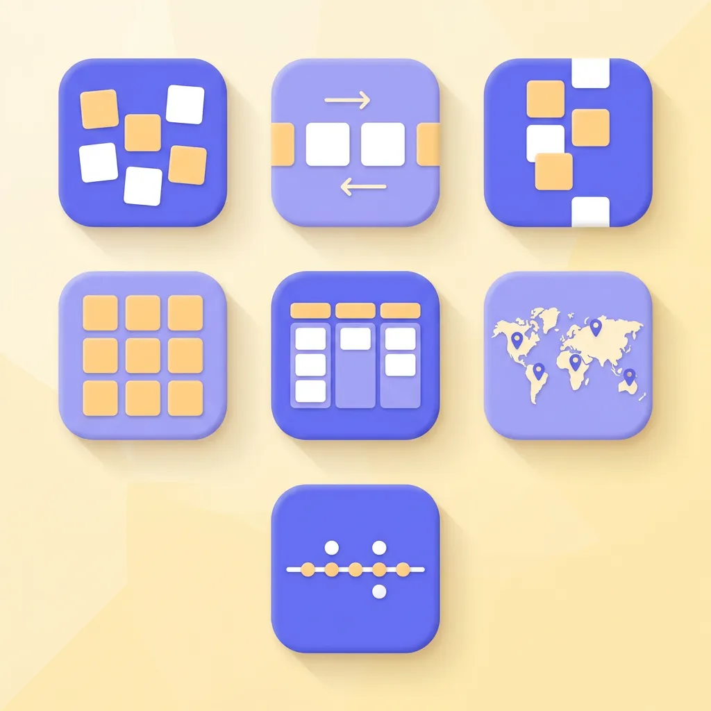Sette icone tipologie bacheche Padlet Wall Canvas Stream Grid Shelf Map Timeline per uso scolastico