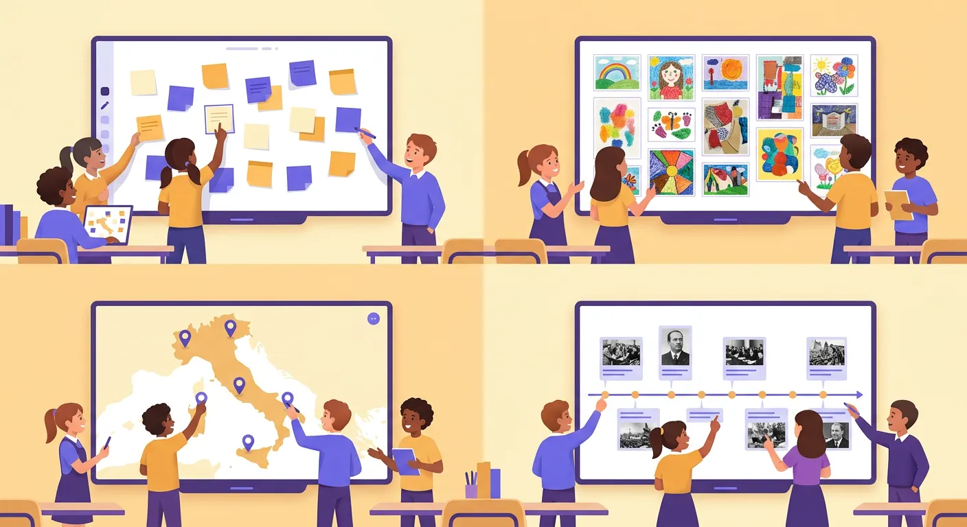 Quattro scenari uso didattico Padlet brainstorming galleria lavori mappa geografica timeline storica con alunni