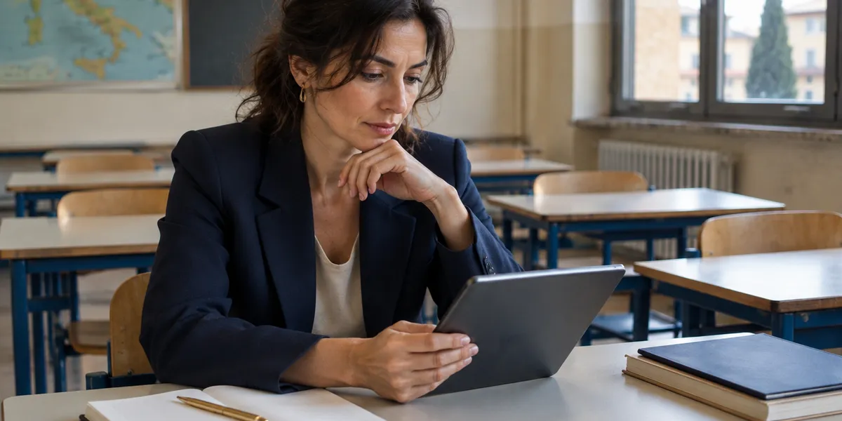 Docente controlla sul tablet le ore FSL ex PCTO obbligatorie degli studenti in un'aula vuota