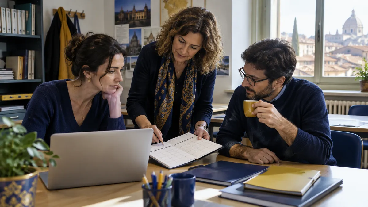 Docenti tutor FSL in sala docenti confrontano calendari e ore della formazione scuola-lavoro