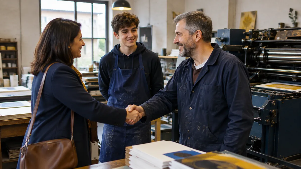Tutor FSL in visita a una tipografia stringe la mano al tutor esterno mentre lo studente lavora