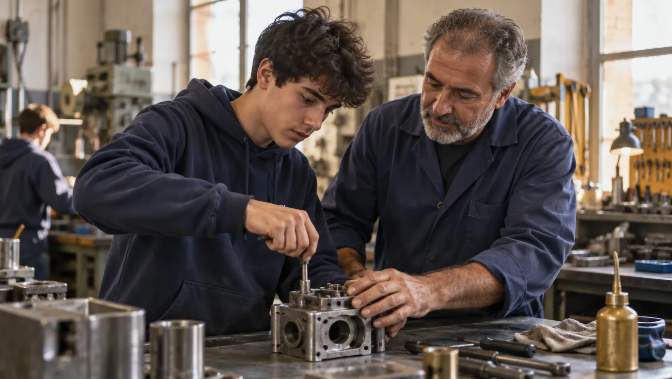 Studente in officina con un artigiano: l'alternanza scuola-lavoro da cui sono nati PCTO e FSL