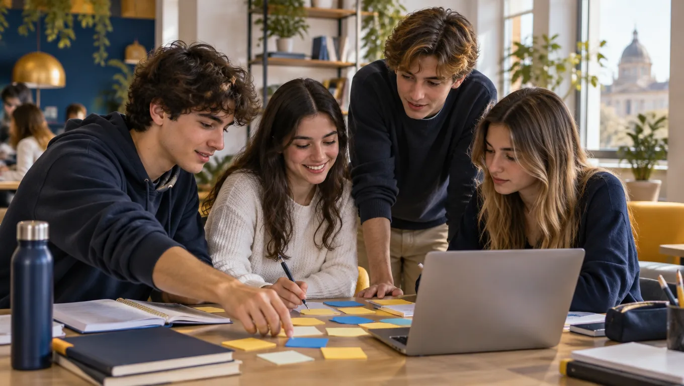 Studenti delle superiori collaborano attorno a un tavolo: competenze trasversali al centro del significato di PCTO