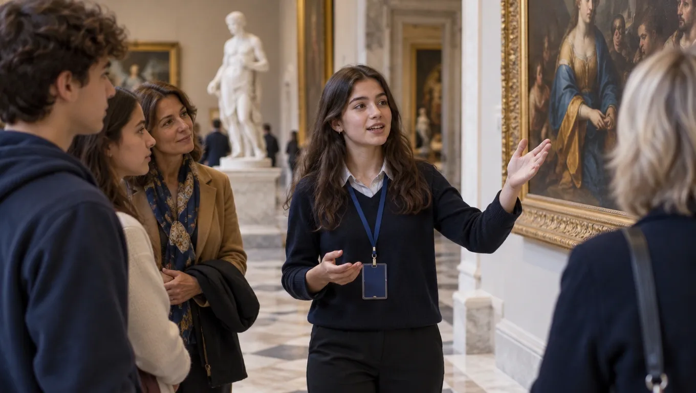 Studentessa fa da guida in un museo d'arte durante un percorso di formazione scuola-lavoro ex PCTO