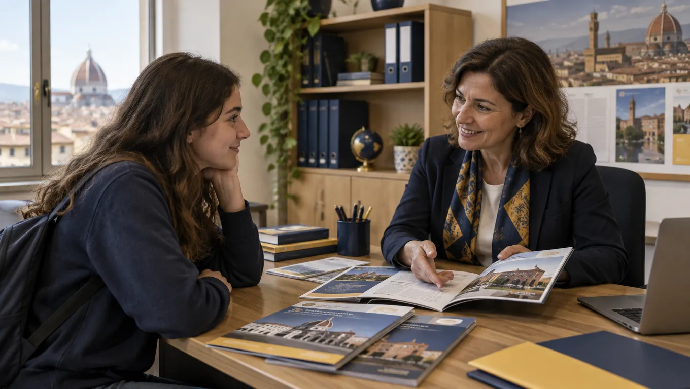 Studentessa parla con un docente orientatore delle scelte dopo il diploma, la O di PCTO