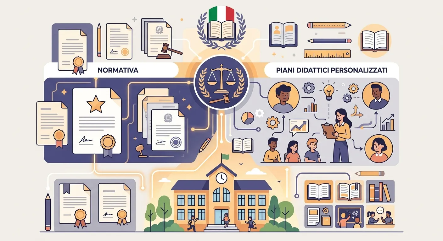 Schema visivo della normativa italiana sul PDP con Legge 170 e Direttiva Ministeriale BES