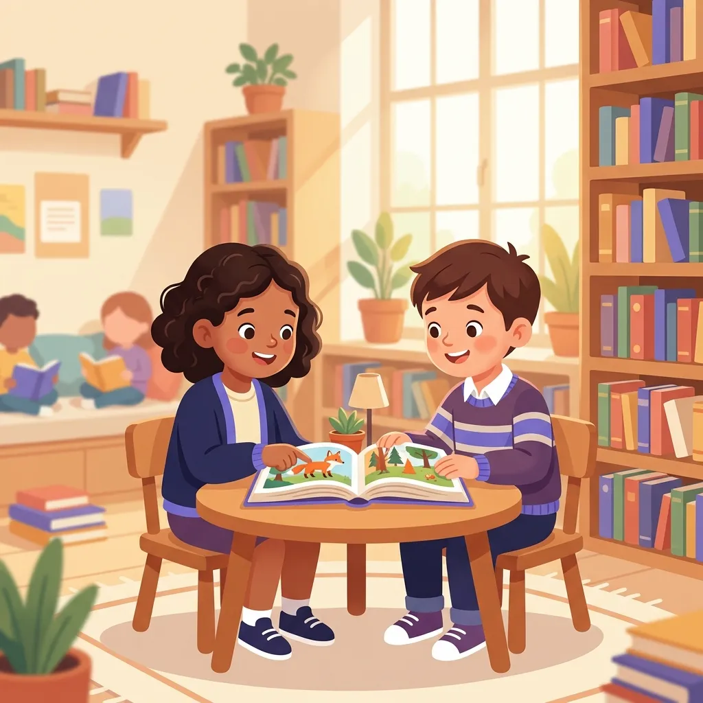 Esempi peer tutoring classe primaria con bambini italiani che leggono insieme un libro illustrato in biblioteca scolastica