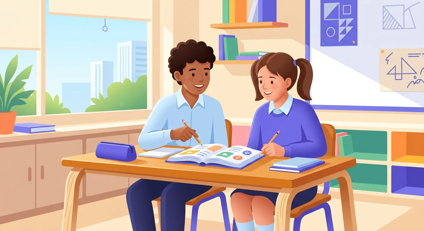 Coppia di studenti italiani durante attività di peer tutoring con libri e quaderno in aula scolastica luminosa