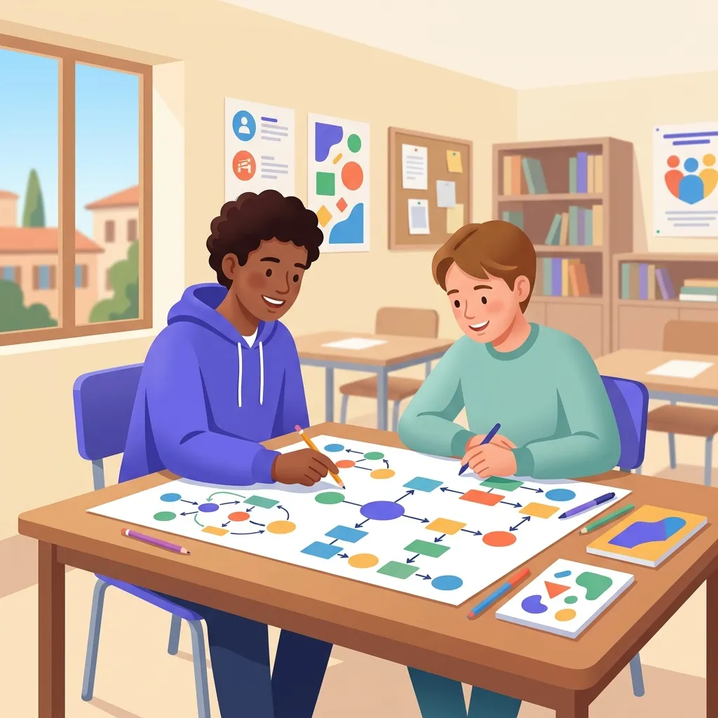 Studenti italiani in attività peer tutoring inclusiva con materiali e schemi visivi su un tavolo di scuola
