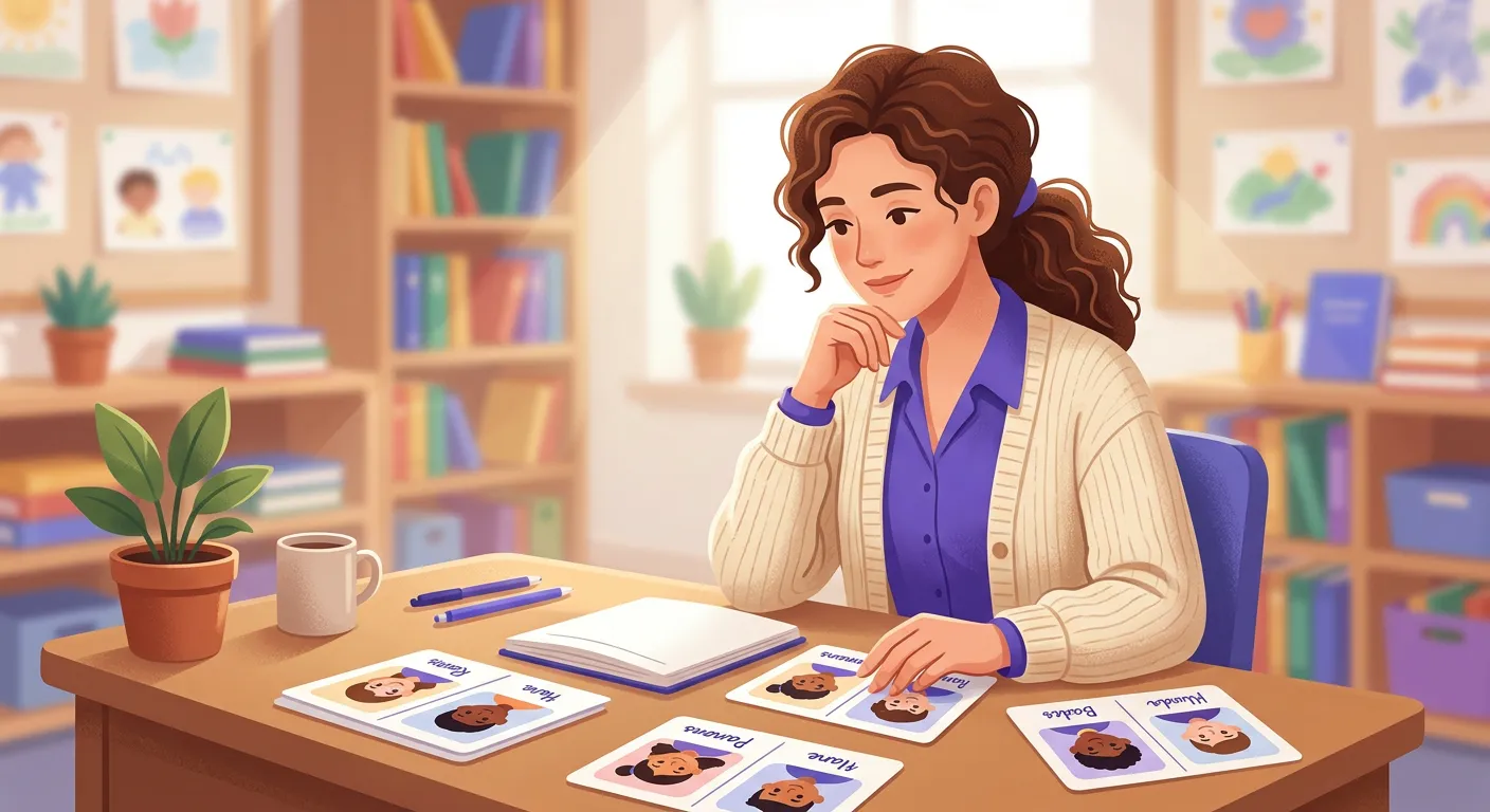 Insegnante italiana progetta sessione di peer tutoring con scheda di abbinamento alunni in cattedra di scuola