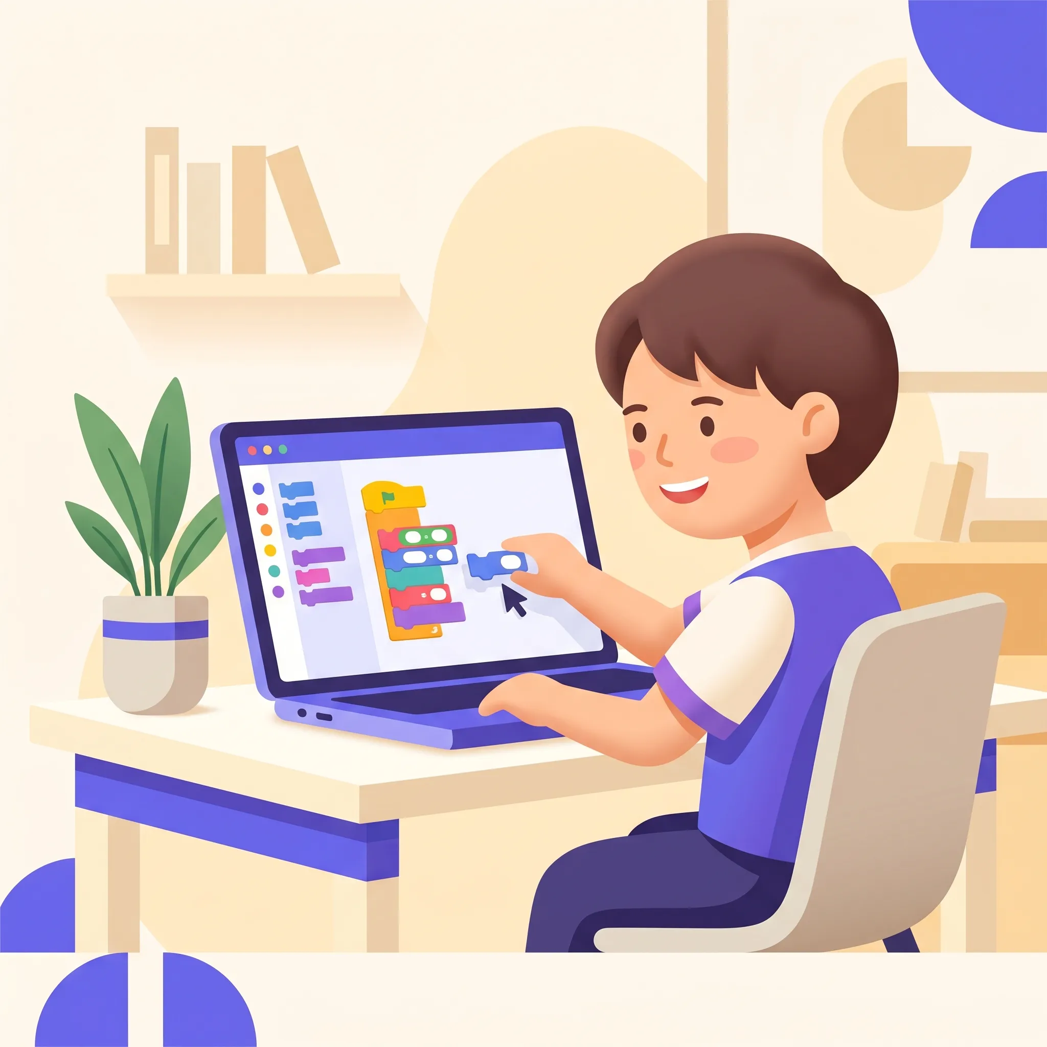 Schermata di un ambiente di coding a blocchi tipo Scratch con un alunno che compone una sequenza di istruzioni colorate