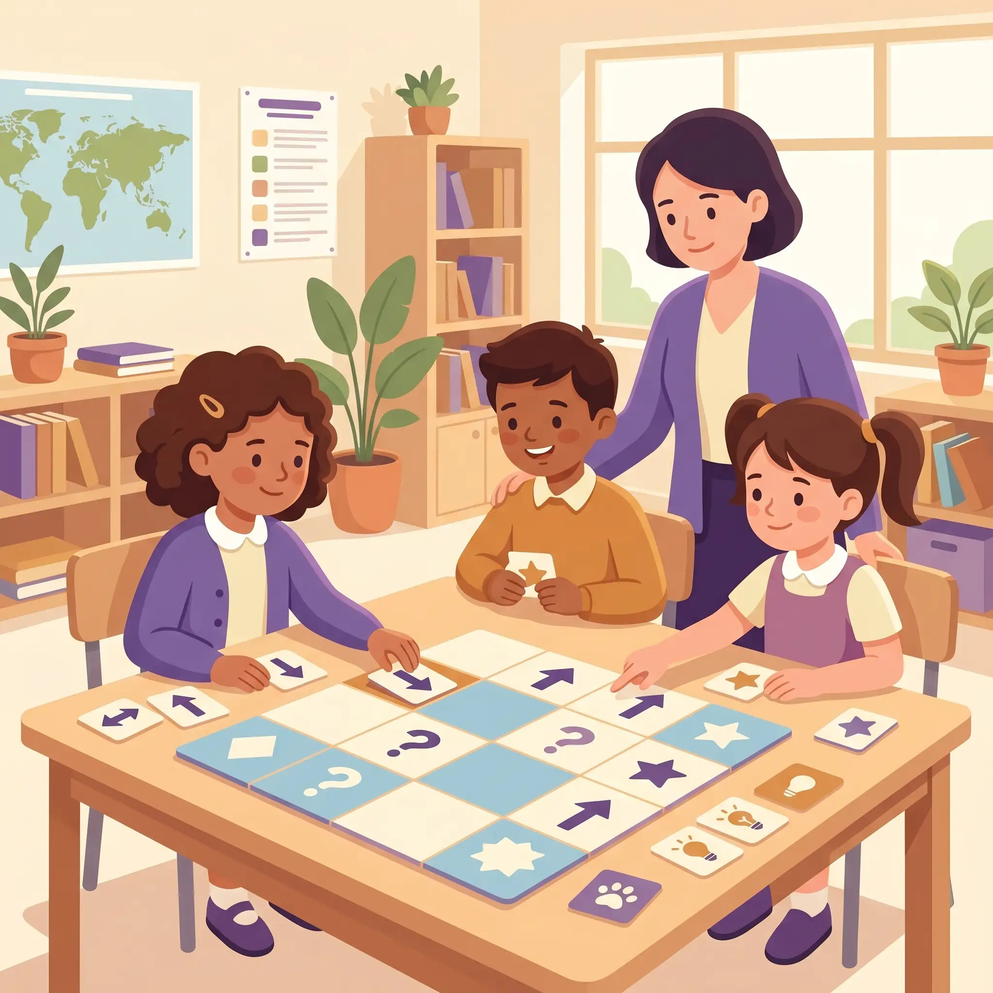 Bambini della scuola primaria che svolgono un'attività di pensiero computazionale unplugged con cartoncini e percorsi a griglia