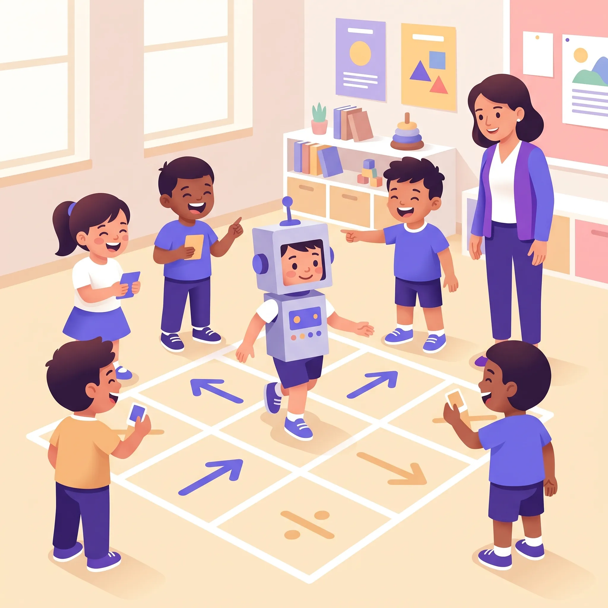 Attività di coding unplugged in classe con un alunno che esegue comandi su un reticolo disegnato sul pavimento