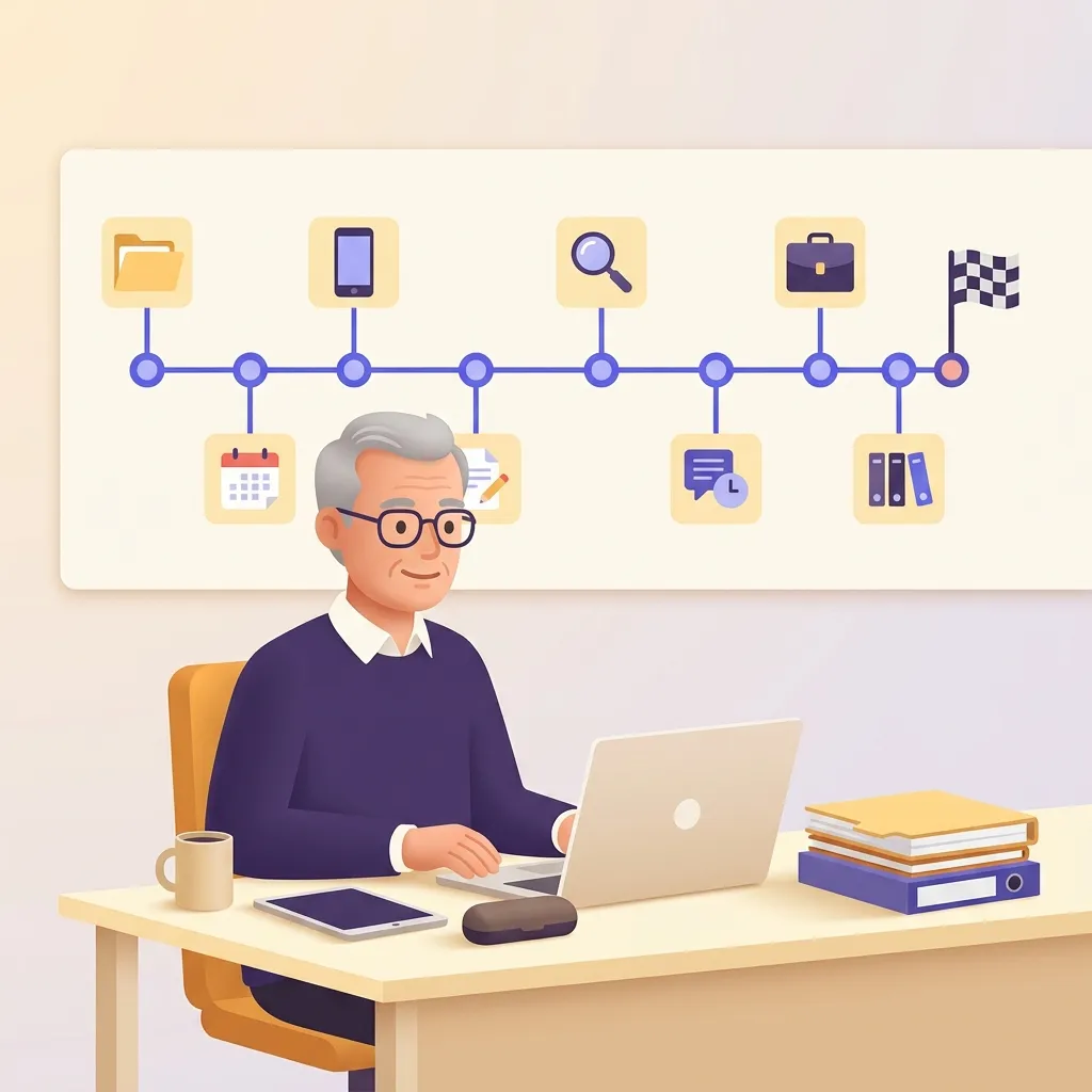 Docente prepara checklist 12 mesi prima pensione timeline scrivania laptop documenti organizzati