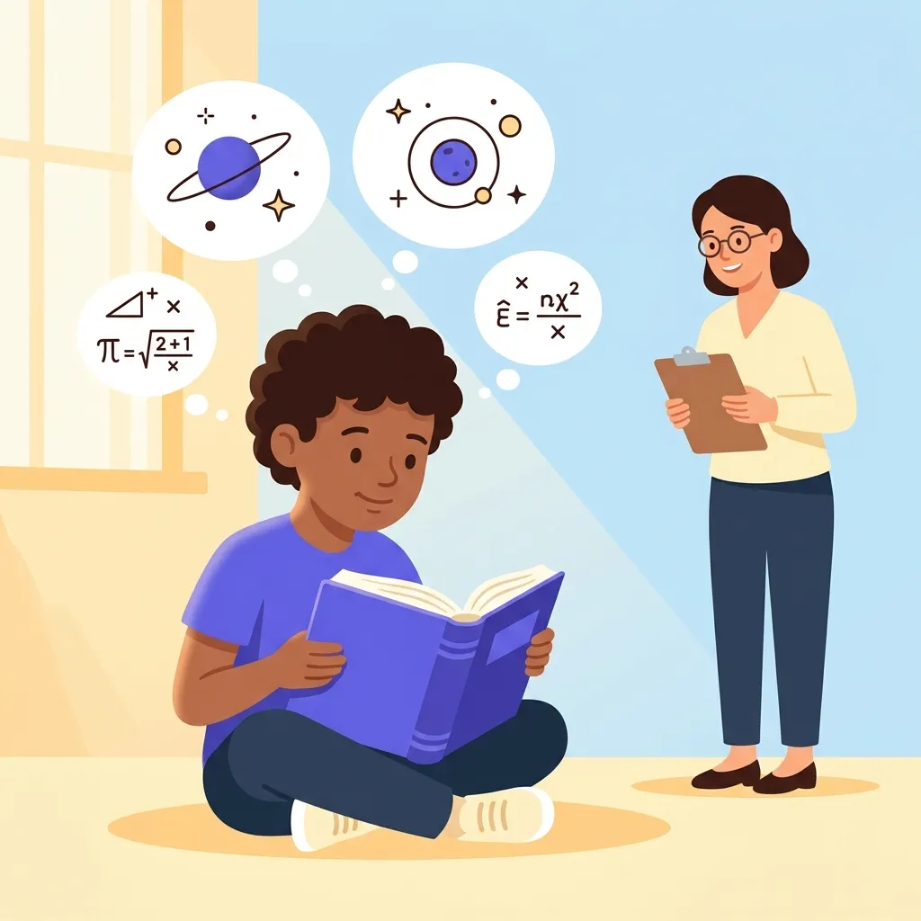 Alunna plusdotata legge libro complesso scuola primaria mentre compagni svolgono esercizi standard