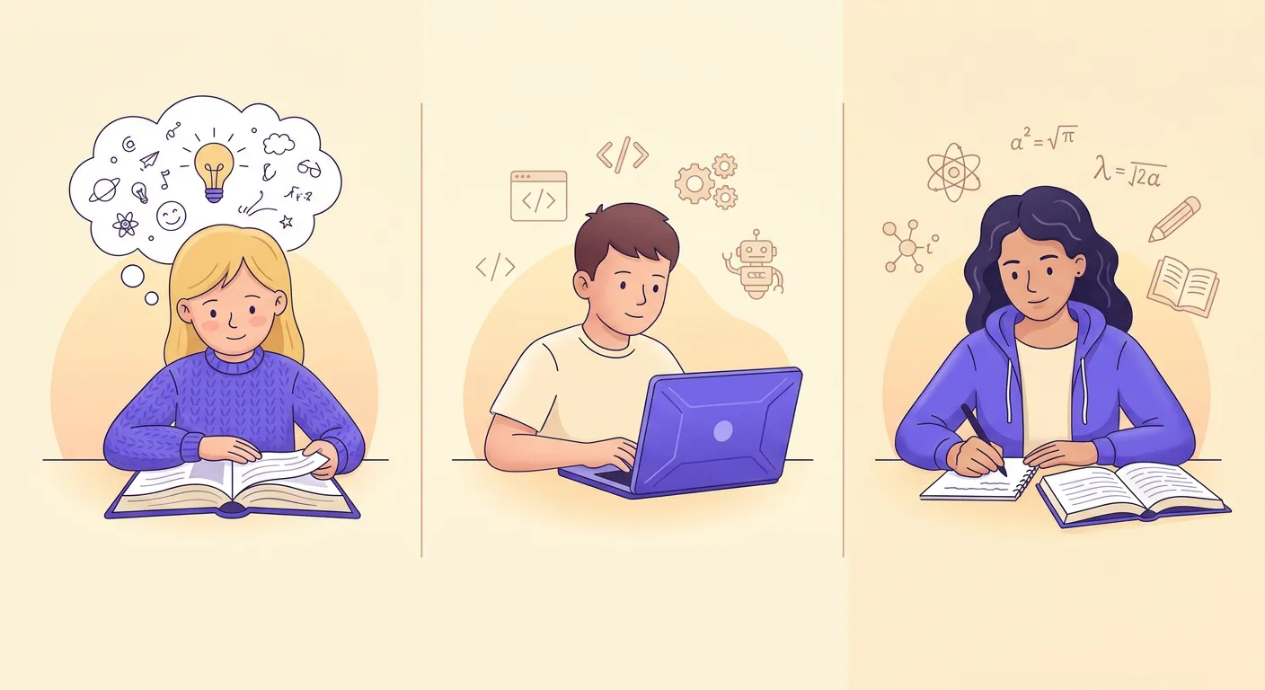 Tre alunni plusdotati diverse età scuole primaria media superiore con materiali avanzati e tablet