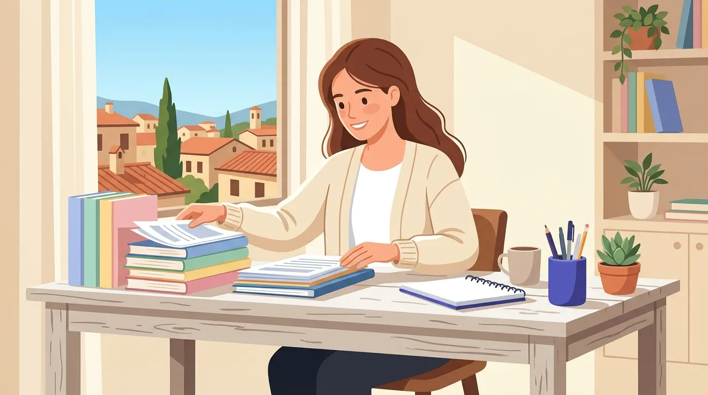 Giovane docente che prepara materiali per la prima supplenza a scuola