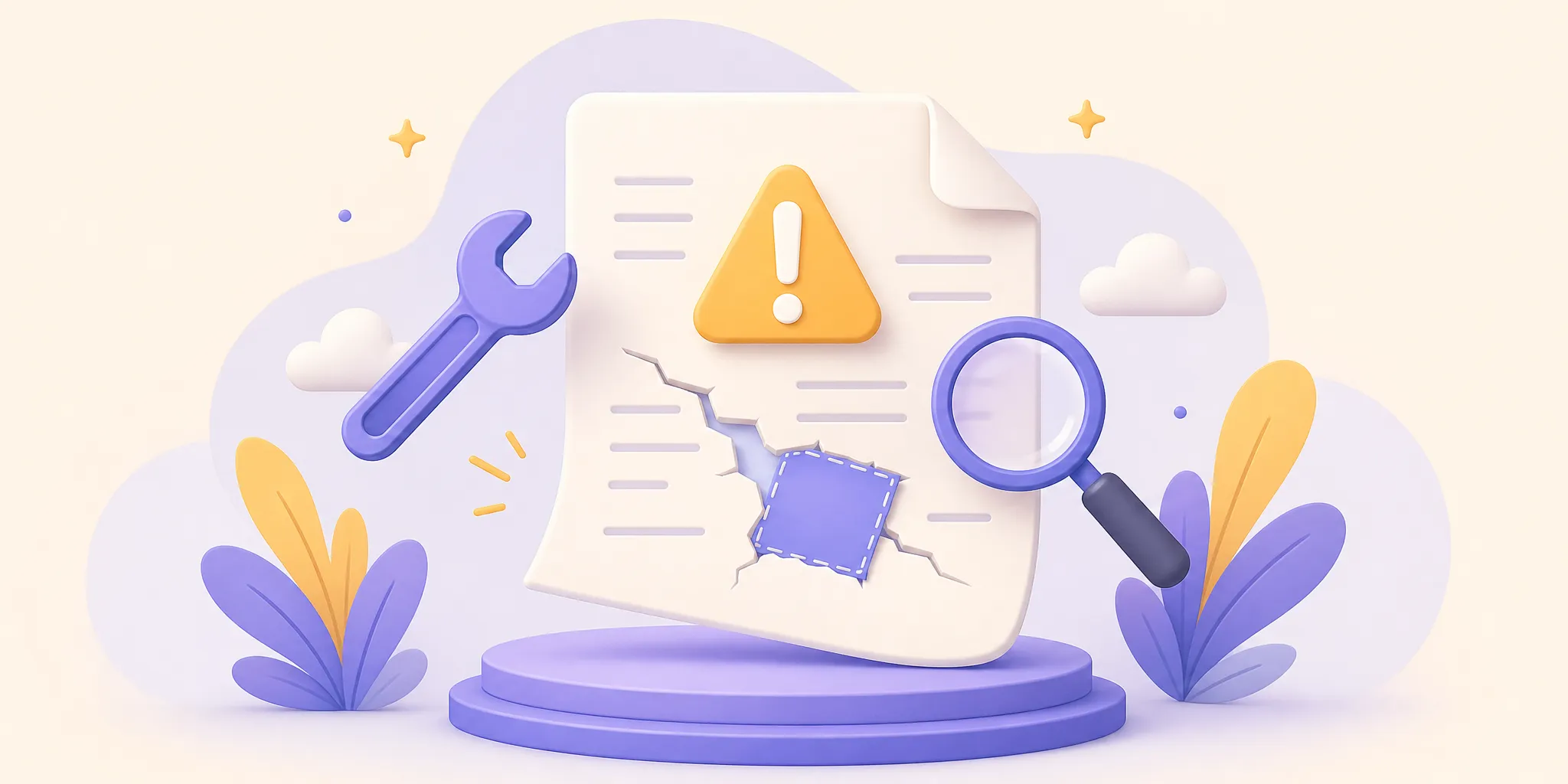 Documento PDF con simbolo di errore e strumenti di riparazione che rappresentano i problemi comuni