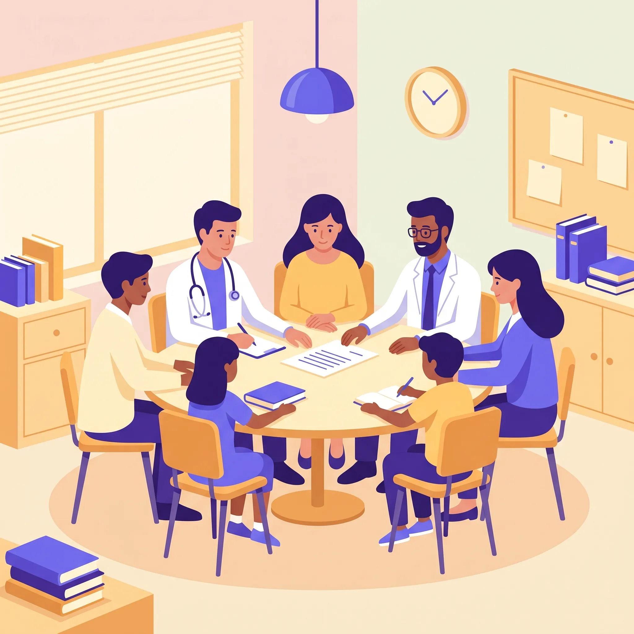 Equipe multidisciplinare dell'ASL e famiglia riunite intorno a un tavolo per redigere il profilo di funzionamento