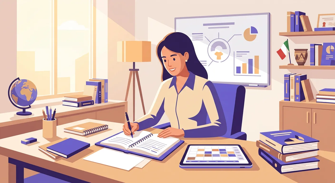 Docente che pianifica la programmazione didattica annuale su tablet e quaderno