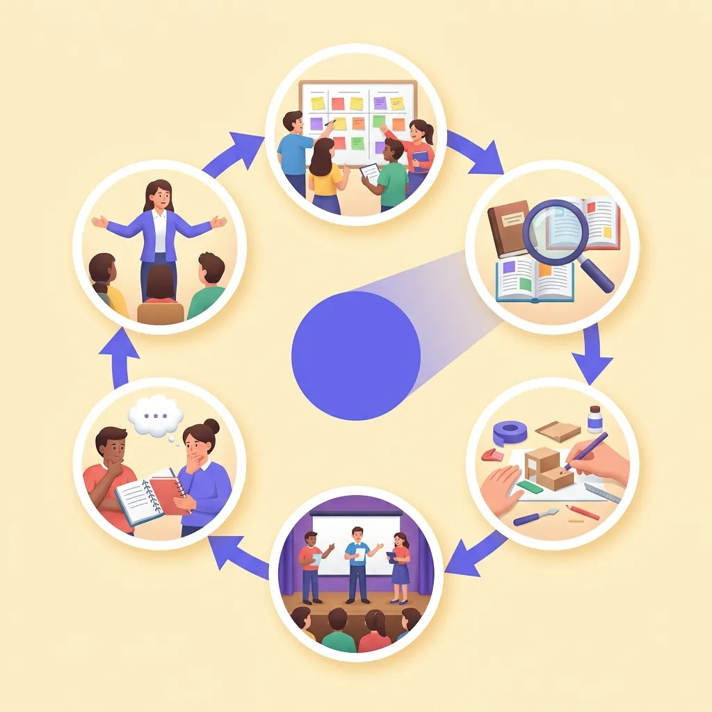 Sei fasi del Project Based Learning rappresentate come tappe di un percorso circolare viola